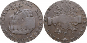 United Kingdom. Great Britain. Staffordshire. Leek. Commercial halfpenny 1793. AE. 9.19 g. 28.00 mm. On the edge PAYABLE AT LEEK STAFFORDSHIRE. About ...
