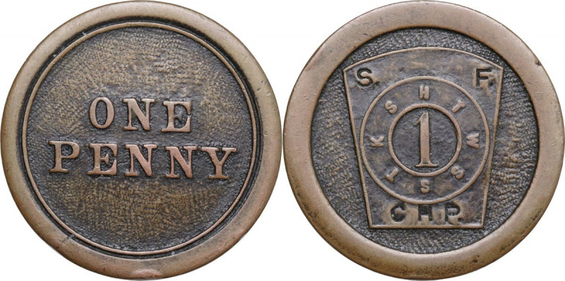 USA. Masonic. Penny token nd. AE. 9.89 g. 28.50 mm. H.T.W.S.S.T.K.S. '[Hiram, Ty...