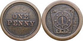 USA. Masonic. Penny token nd. AE. 9.89 g. 28.50 mm. H.T.W.S.S.T.K.S. '[Hiram, Tyrian, Widow's Son, Sent to King Solomon']. VF+.