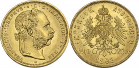 Austria. Franz Joseph (1848-1916). 8 Florins or 20 Francs 1892. Restrike. KM 2269. Fried. 502R. KM 2269; Fried. 502R. AV. 6.44 g. 21.00 mm. MS.