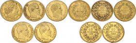 France. Napoleon III (1852-1870). Lot of five 10 francs 1851 A,1856 A, 1857 A, 1859 A, 1860 A. (one specimen Second republic). AU.