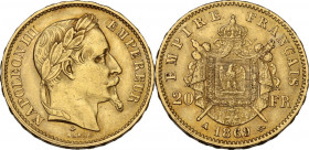 France. Napoleon III (1852-1870). 20 francs 1869 A, Paris mint. Gad. 1062; Fried. 584. AU. 6.44 g. 21.00 mm. XF.
