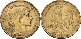 France. Third republic (1871-1940). 20 francs 1907. Gad. 1064; Fried. 596a. AU. 6.44 g. 21.00 mm. XF.