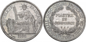French Indochina. Piastre de commerce 1886 A, Paris mint. KM 5. AR. 27.17 g. 38.50 mm. Rare as such. Nice iridescent patina. AU/MS.