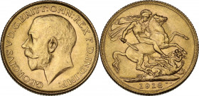 India. George V (1910-1936). Sovereign 1918 I, Bombay mint. Fried. 1609. AU. 7.98 g. 22.00 mm. R. MS.