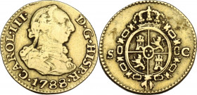 Spain. Carlos III (1759-1788). 1/2 Escudo 1788 Sevilla. KM 425.2; Fried. 291; Cal. 808. AU. 1.67 g. 14.50 mm. VF.