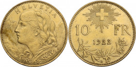 Switzerland. Confederation (1848- ). 10 francs 1922. KM 36; Fried. 504. AU. 3.22 g. 19.00 mm. AU.