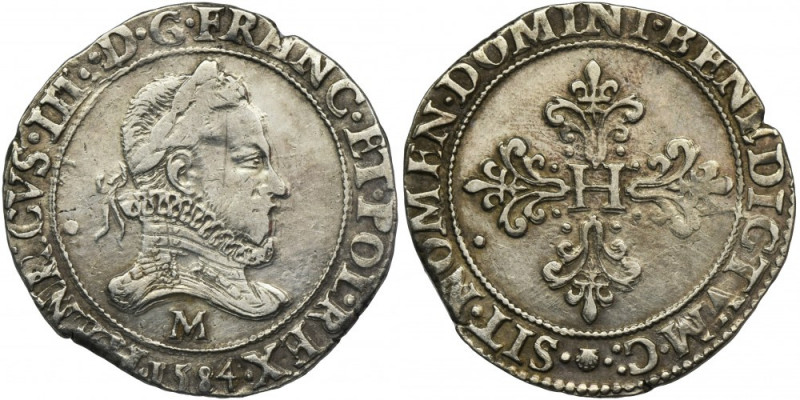 Henry III of France, Franc Toulouse 1584 M - RARE Rzadka odmiana z datą w otoku,...