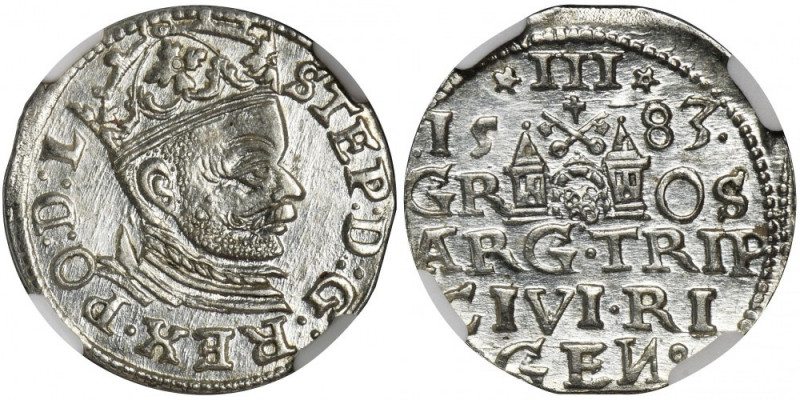 Stephen Bathory, 3 Groschen Riga 1583 - NGC MS63 Odmiana z koroną z rozetami, na...