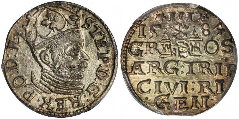Stephen Bathory, 3 Groschen Riga 1584 - PCGS MS62 Variety with crown with rosett...