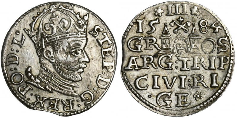 Stephen Bathory, 3 Groschen Riga 1584 Variety with tall crown with lilies, on th...