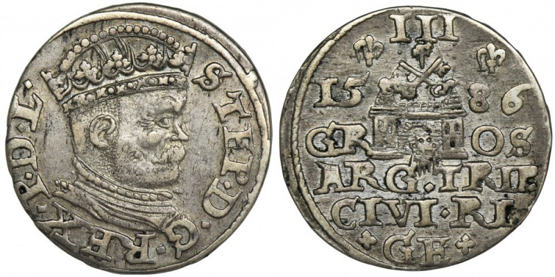 Stephen Bathory, 3 Groschen Riga 1586 Variety with low crown with rosettes, the ...