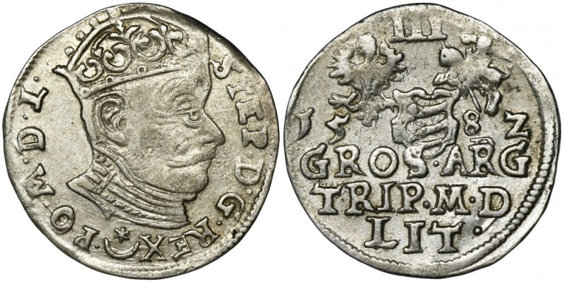 Stephen Bathory, 3 Groschen Vilnius 1582 - L/LIT Variety with large Batory coat ...