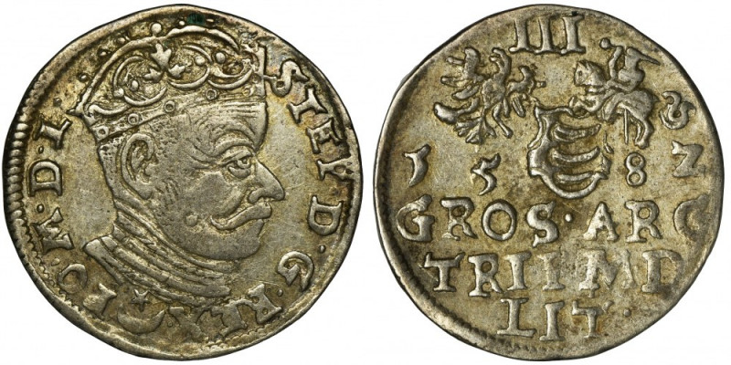 Stephen Bathory, 3 Groschen Vilnius 1582 - L/LIT Variety with large Batory coat ...