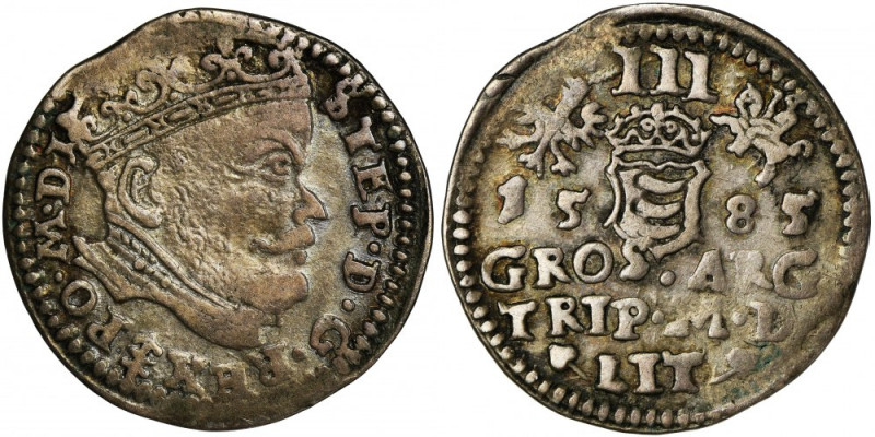 Stephen Bathory, 3 Groschen Vilnius 1585 Odmiana z herbem Prus z grotem. Przedos...