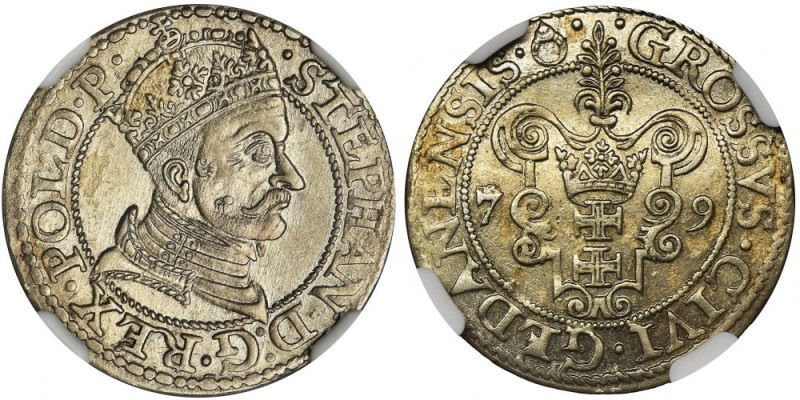 Stephen Batory, Groschen Danzig 1579 - NGC MS62 Odmiana z kropką na awersie końc...