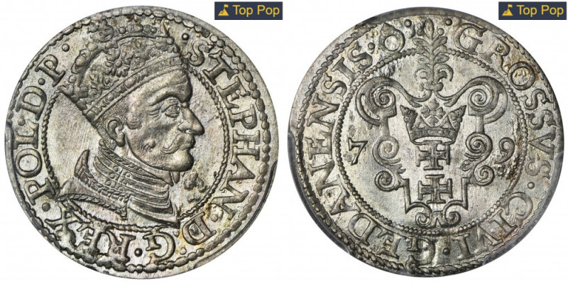 Stephen Batory, Groschen Danzig 1579 - PCGS MS62 Odmiana z kropką na awersie koń...
