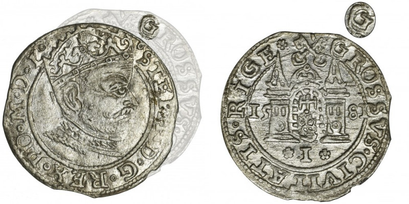 Stephen Bathory, Groschen Riga 1581 Odmiana z pełną datą na rewersie. Przebitka ...