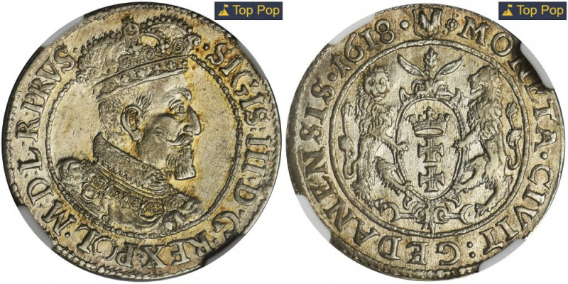 Sigismund III Vasa, 1/4 Thaler Danzig 1618 - NGC MS64 Odmiana z kropką przed łap...