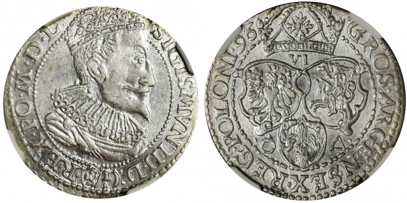 Sigismund III Vasa, 6 Groschen Marienburg 1596 - NGC AU53 Odmiana z małym popier...