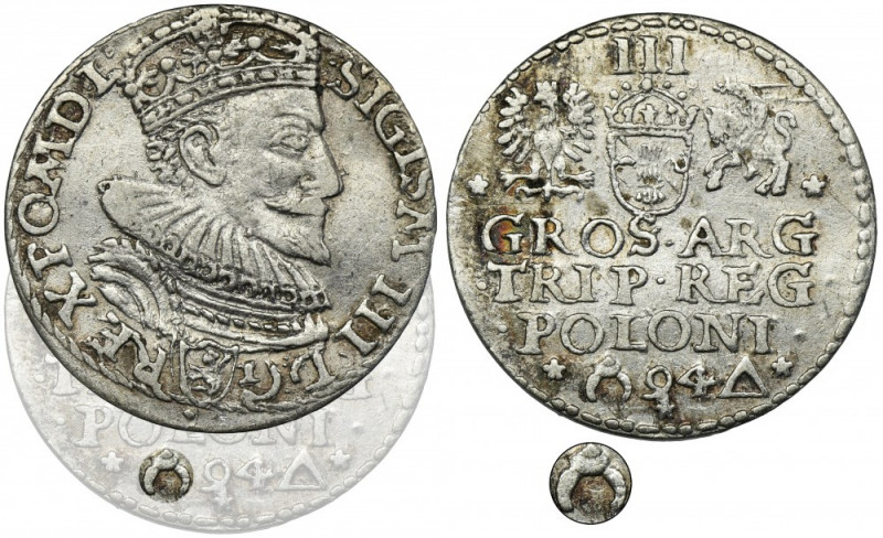 Sigismund III Vasa, 3 Groschen Marienburg 1594 Rzadsza odmiana z otwartym pierśc...