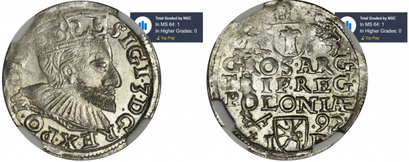 Sigismund III Vasa, 3 Groschen Posen 1592 - NGC MS64 Odmiana ze skróconą datą z ...