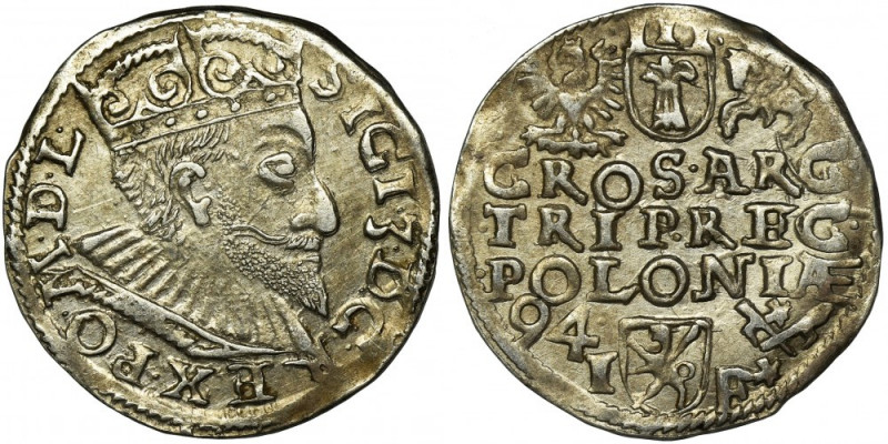 Sigismund III Vasa, 3 Groschen Posen 1594 Odmiana z szeroką twarzą króla, korona...