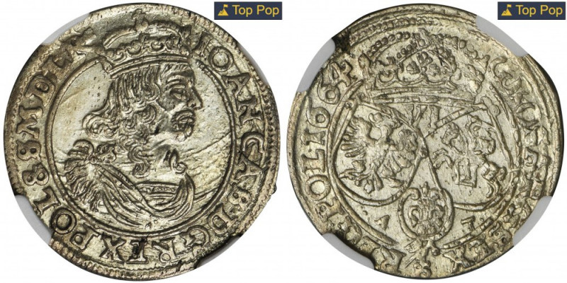 John II Casimir, 6 Groschen Bromberg 1664 AT - NGC MS62 Pięknie zachowana sztuka...