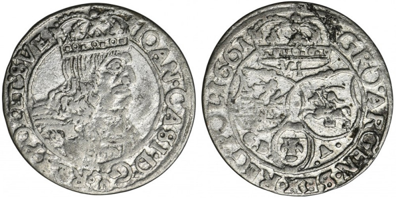 John II Casimir, 6 Groschen Lviv 1661 GBA Odmiana z tarczami herbowymi wygiętymi...