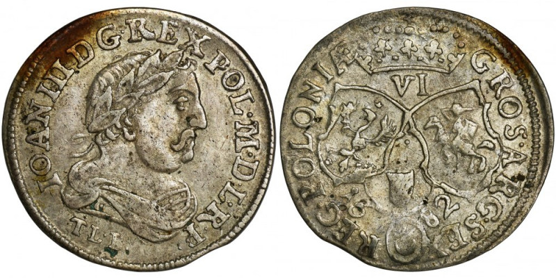 John III Sobieski, 6 Groschen Bromberg 1682 TLB Popiersie w wieńcu laurowym i pł...