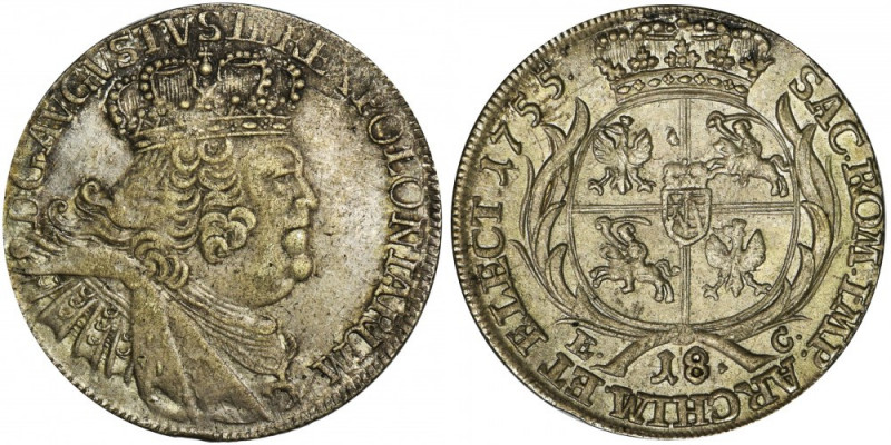 Augustus III of Poland, 1/4 Thaler Leipzig 1755 EC Odmiana z dużą głową króla or...