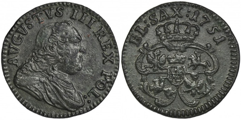 Augustus III of Poland, Schilling Grünthal 1751 Odmiana z Orłami, z dużymi skrzy...