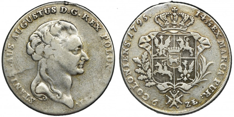 Poniatowski, Thaler 6 zloty Warsaw 1795 Odmiana z liściem dębu niezachodzącym na...