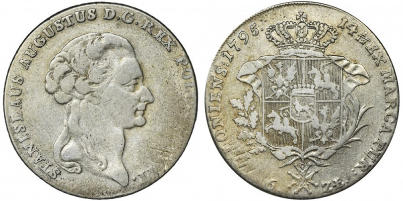 Poniatowski, Thaler 6 zloty Warsaw 1795 Odmiana z liściem dębu zachodzącym na ta...