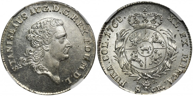 Poniatowski, 8 Groschen 1768 IS - NGC MS62 Znakomicie zachowany egzemplarz z obu...