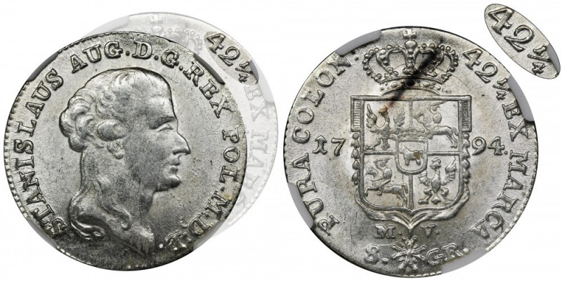 Poniatowski, 2 Zloty 1794 MV - 42 ¼ - NGC MS63 Dużo rzadsza odmiana wybita wedłu...