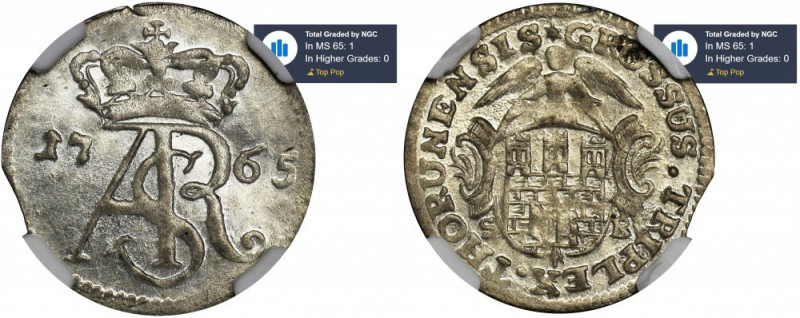 Poniatowski, 3 Groschen Thorn 1765 SB - NGC MS65 - RARE Rzadki i poszukiwany typ...