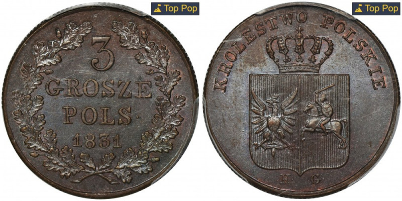 November Uprising, 3 Groschen 1831 KG - PCGS MS65 BN Odmiana z łapami orła prost...