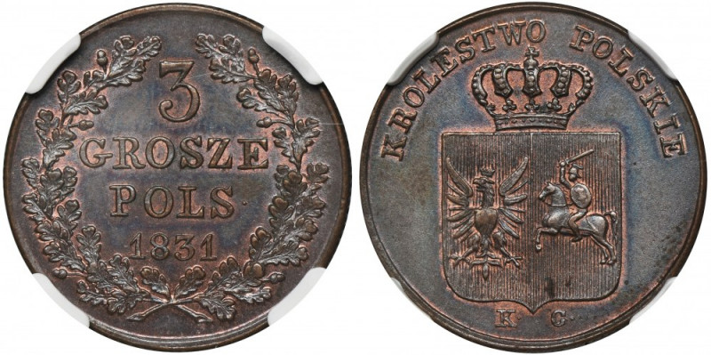 November Uprising, 3 Groschen 1831 KG - NGC MS64 BN Odmiana z łapami orła prosto...