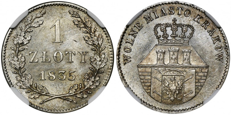 Free City of Krakau, 1 zloty 1835 - NGC MS62 Mennicza złotówka krakowska. Piękna...