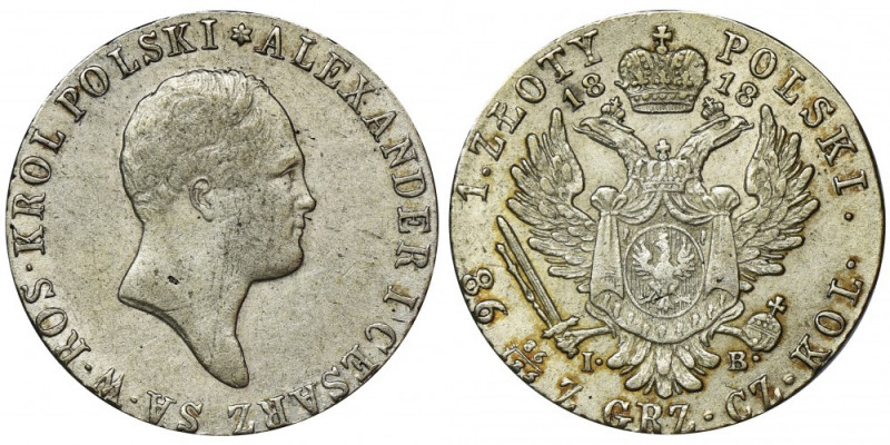 Polish Kingdom, 1 zloty Warsaw 1818 IB Wczesny rocznik złotówki z okresu zaboru ...