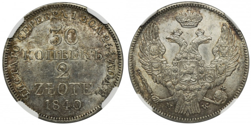 30 kopeck = 2 zloty Warsaw 1840 MW - NGC MS61 Odmiana z wystającym piórem w ogon...