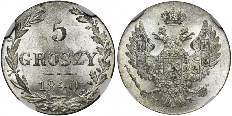 5 groschen Warsaw 1840 MW - NGC MS64 Piękna, mennicza moneta. Z obustronnym lust...