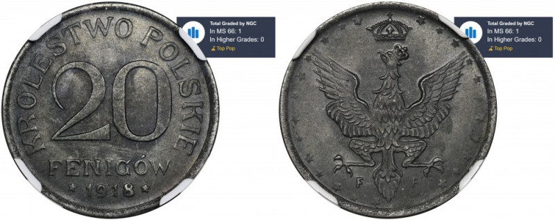 Polish Kingdom, 20 pfennig 1918 - NGC MS66 Piękny, menniczy egzemplarz, rzadki w...