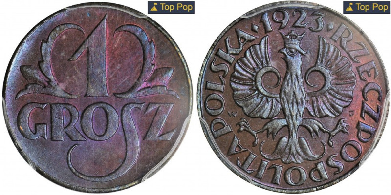 PRÓBA, 1 grosz 1923 - PCGS SP66 BN Bardzo rzadki, próbny egzemplarz grosza wybit...