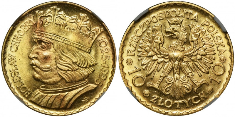 10 złotych 1925 Chrobry - NGC MS66 Wyśmienity egzemplarz. Druga najwyższa nota w...