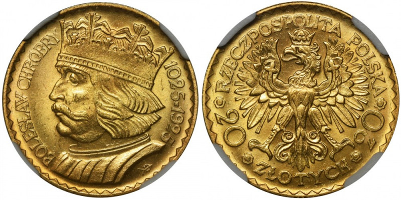 20 złotych 1925 Chrobry - NGC MS64 Menniczy stan zachowania. Reference: Parchimo...