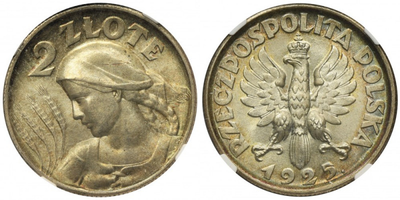 Kobieta i kłosy, 2 złote Londyn 1925 - NGC MS62 - kropka po dacie &nbsp; Piękna ...