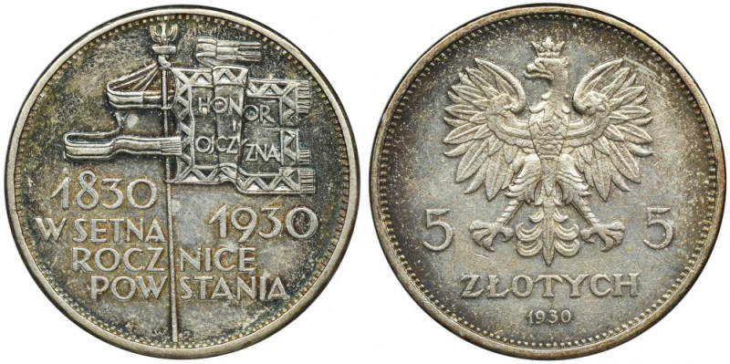 Sztandar, 5 złotych 1930 Odmiana bita stemplem płytkim. Moneta z mocnym połyskie...