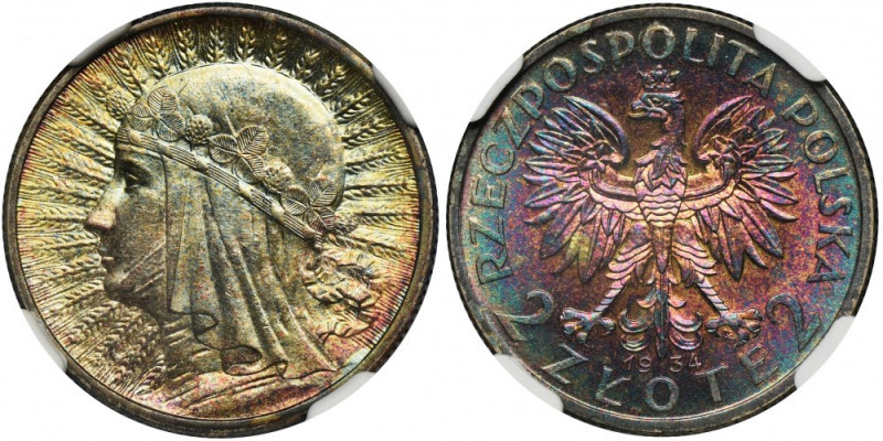 Głowa Kobiety, 2 złote 1934 - NGC MS64★ Doskonały egzemplarz w pięknej kolorowej...